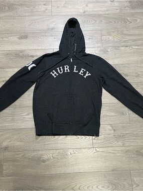 Hurley Charcoal Grey Full-Zip‎ Hoodie Size Small Collegiate Logo Surf Skate Y2K